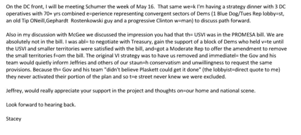 Email from Stacey Plaskett, who was using a pseudonym, to Jeffrey Epstein